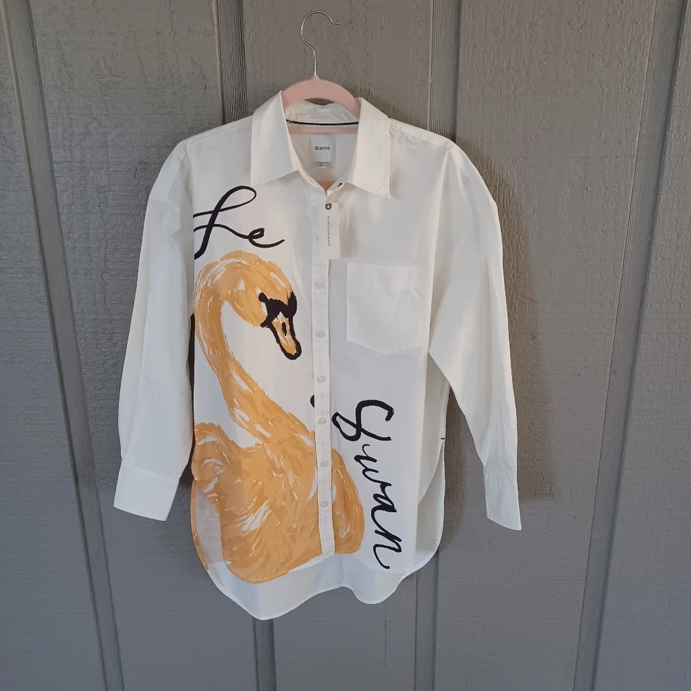 Maeve The Bennet Buttondown Shirt Size XS Women Preppy Swan Novelty Cotton - Picture 2 of 16